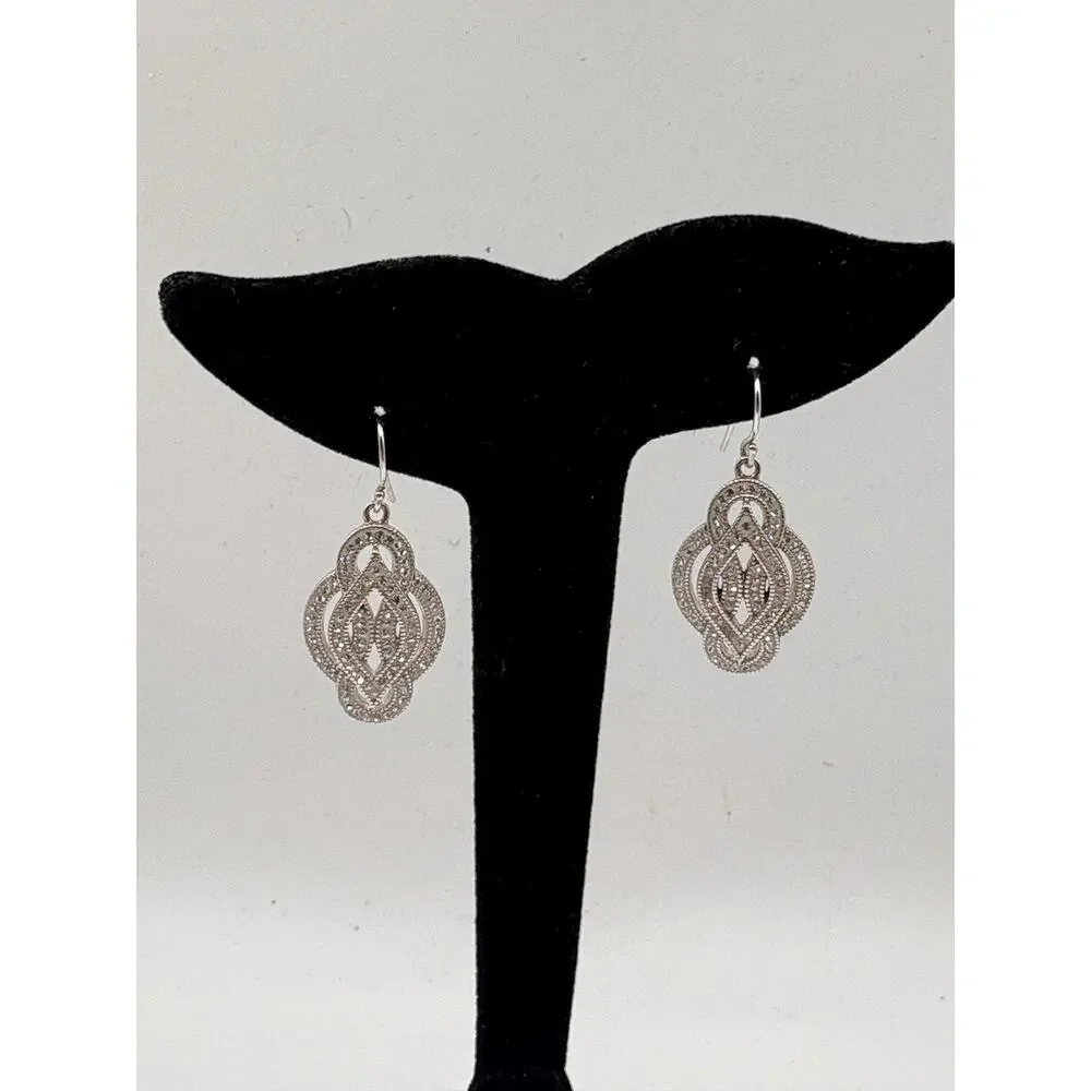 Sterling Silver CZ Fancy Flower‎ Dangle Earrings 6.9g