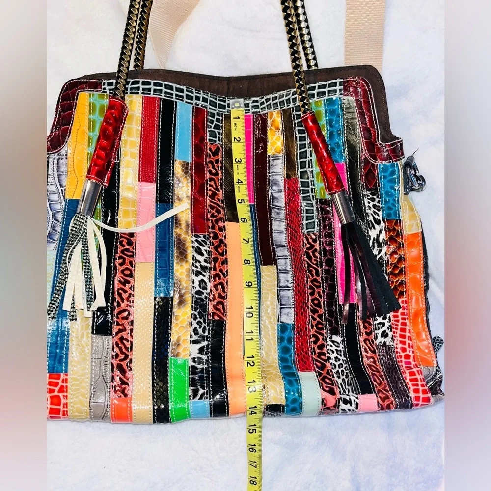 Leather Patchwork Multicolor Tote Bag Leather fringe