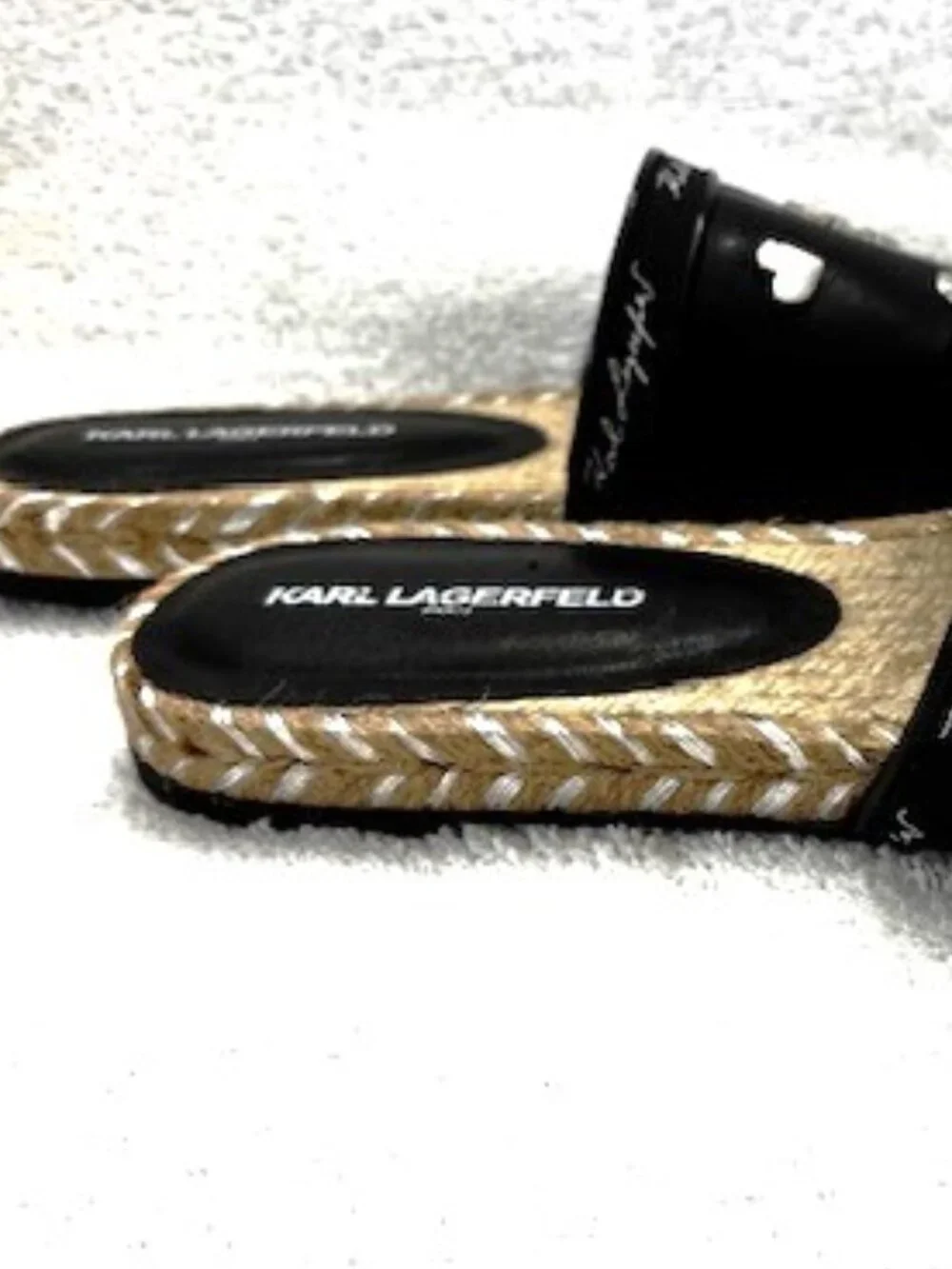 Karl Lagerfeld Paris Tulia black logo embellished slides with jute trim Size 8