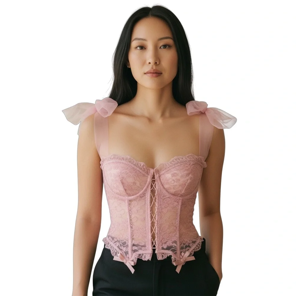 Y2K Coquette Pink Lace Corset Bustier Top Organza Bow Straps Balletcore Sz M