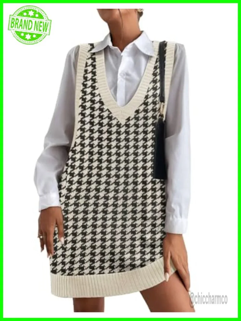 Oversized V-Neck Sleeveless Knit Sweater Vest Dress with Pockets