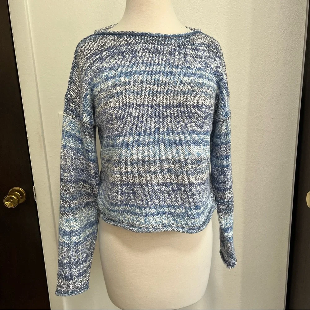 Margaret O’Leary Blue White Space Dye Cropped Rolled Collar Sweater Womens XS