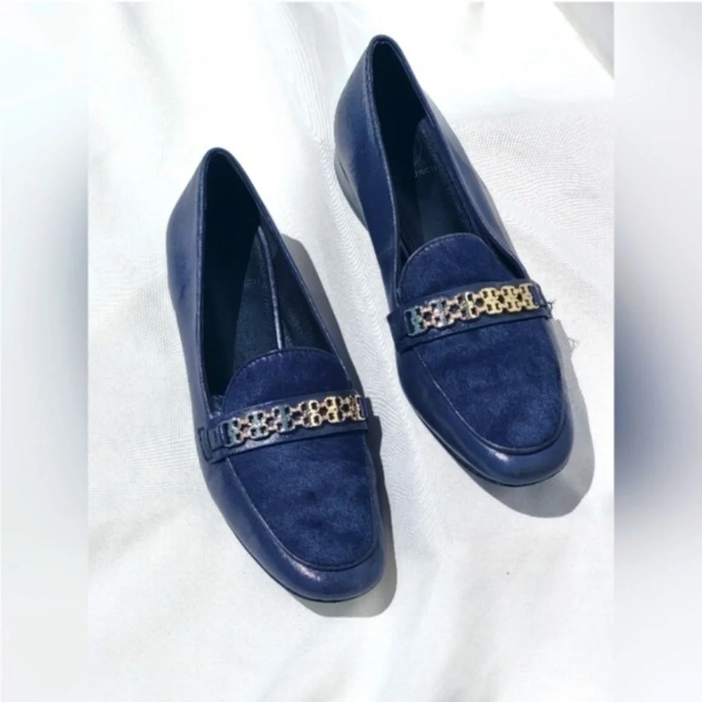 Tory Burch Loafers Gemini Link Leather & Pony Hair in Navy