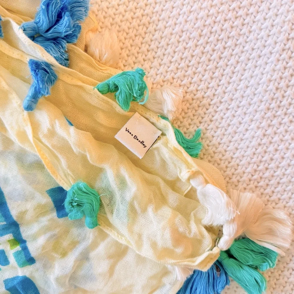 VERA BRADLEY 80” Cream Blue & Green Wrap Scarf w Tassels Swim Cover Sarong Skirt