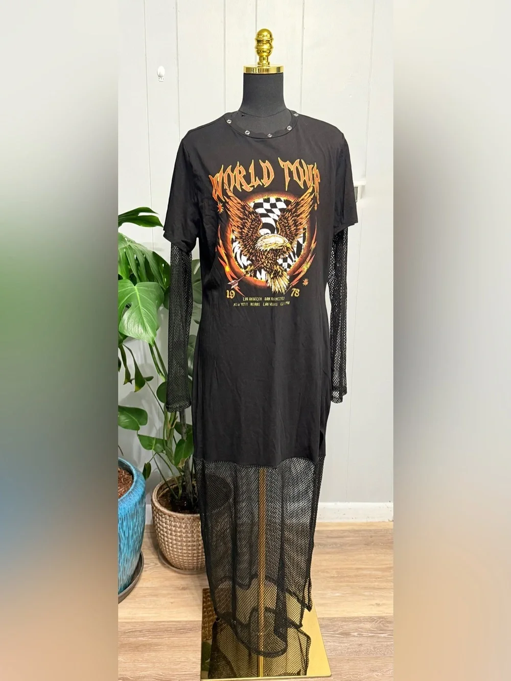 Fashion Nova Word Tour 1978 Black Maxi Dress with Gold and Orange Eagle Graphic