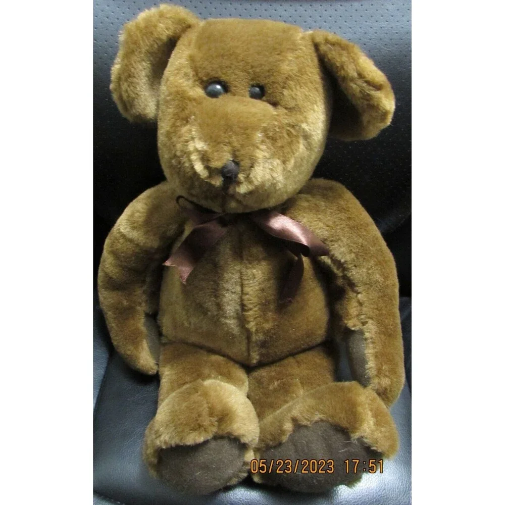 Vintage teddy bear brown plush stuffed soft with bow classic Nadel & Son