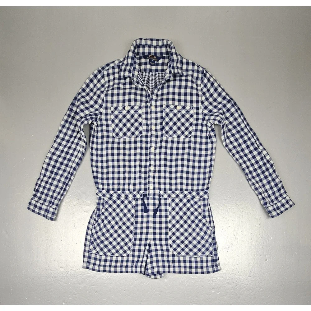 Vintage Polo Ralph Lauren Romper Girls 14 Blue White‎ Gingham Plaid Long Sleeve