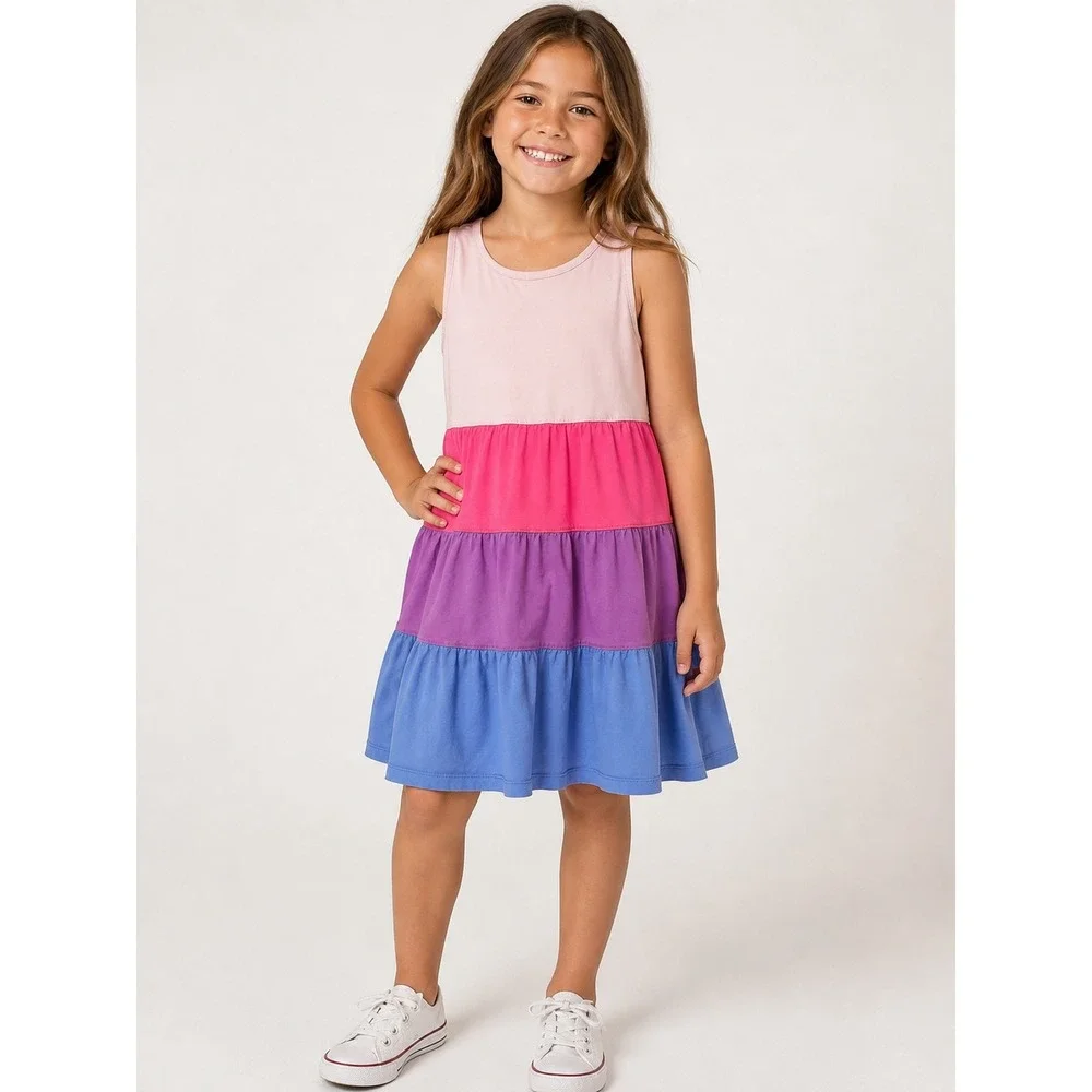 Hanna Andersson Girl Size 8 Colorblock‎ Tiered Dress Pink Purple Blue Sleeveless