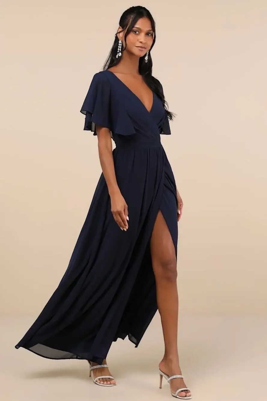 NWT Lulus Convincing Grace Navy Blue Flutter Sleeve Wrap Maxi Dress Wedding L