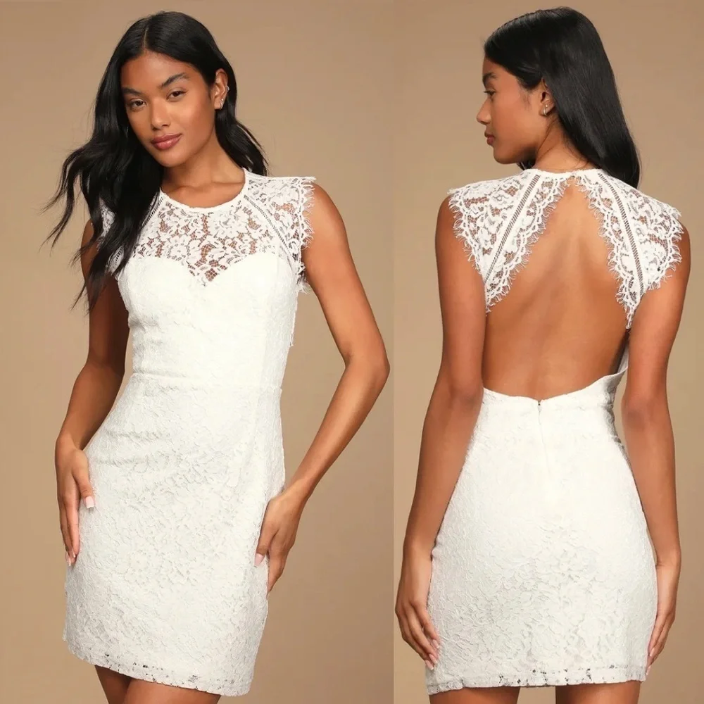 Lulu’s Truly Elegant White Eyelash Lace Backless Bodycon Mini Dress size medium