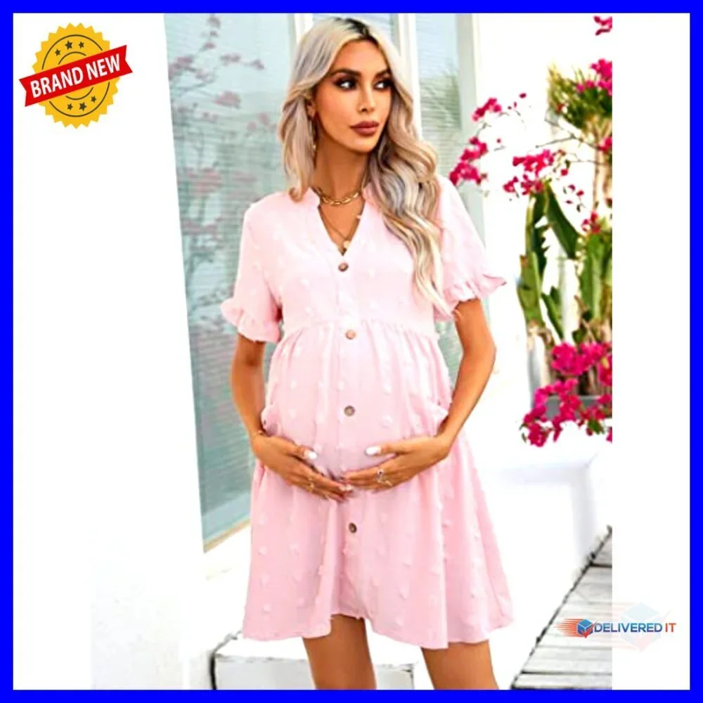 Maternity Swiss Dot V-Neck Mini Dress with Pockets for Baby Shower