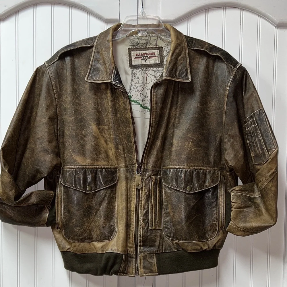 80s Flightline Pilots Leather Bomber Jacket XL Vintage