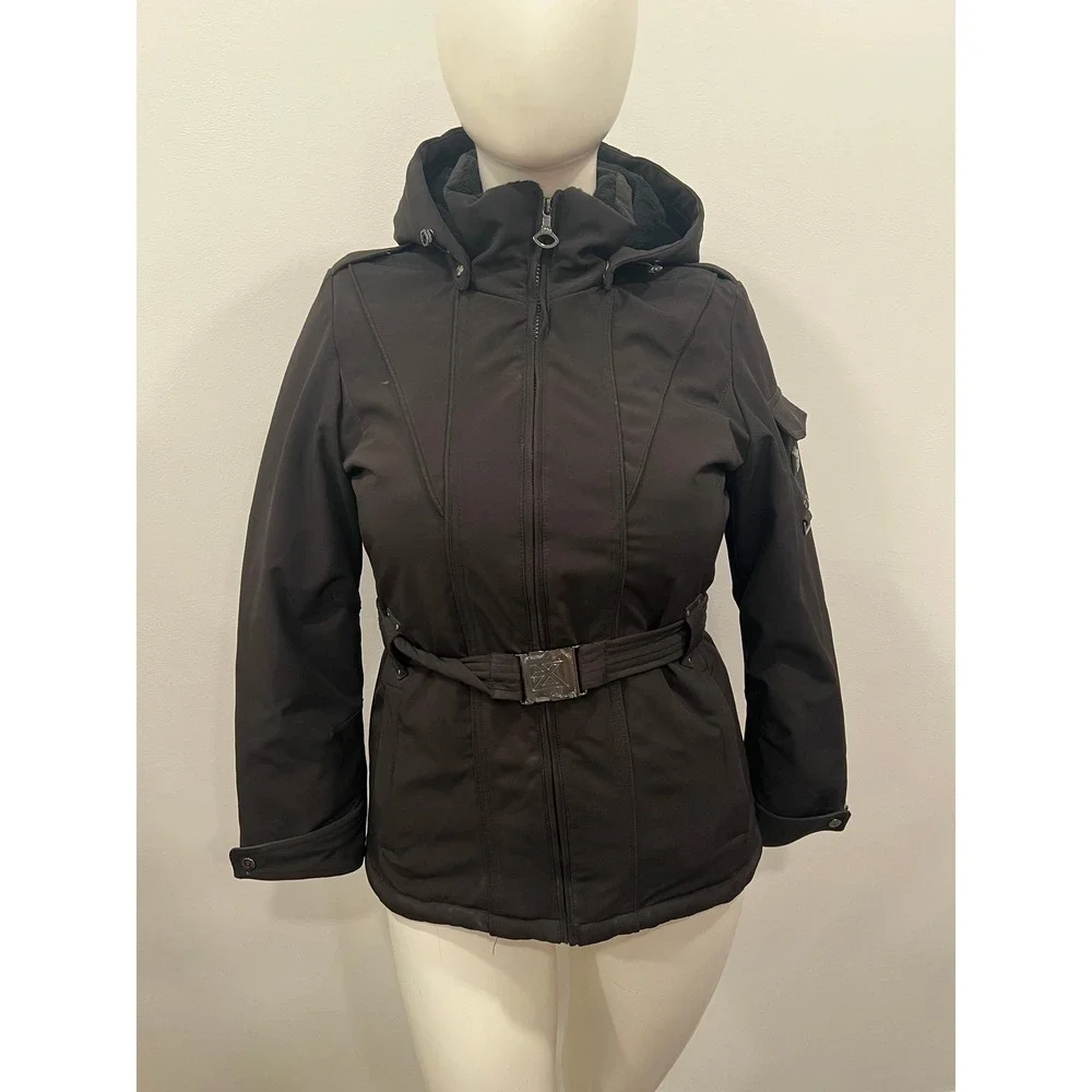 ZX BLK Label Coat Jacket Womens Medium Black Belted Softshell Hooded Ski Parka
