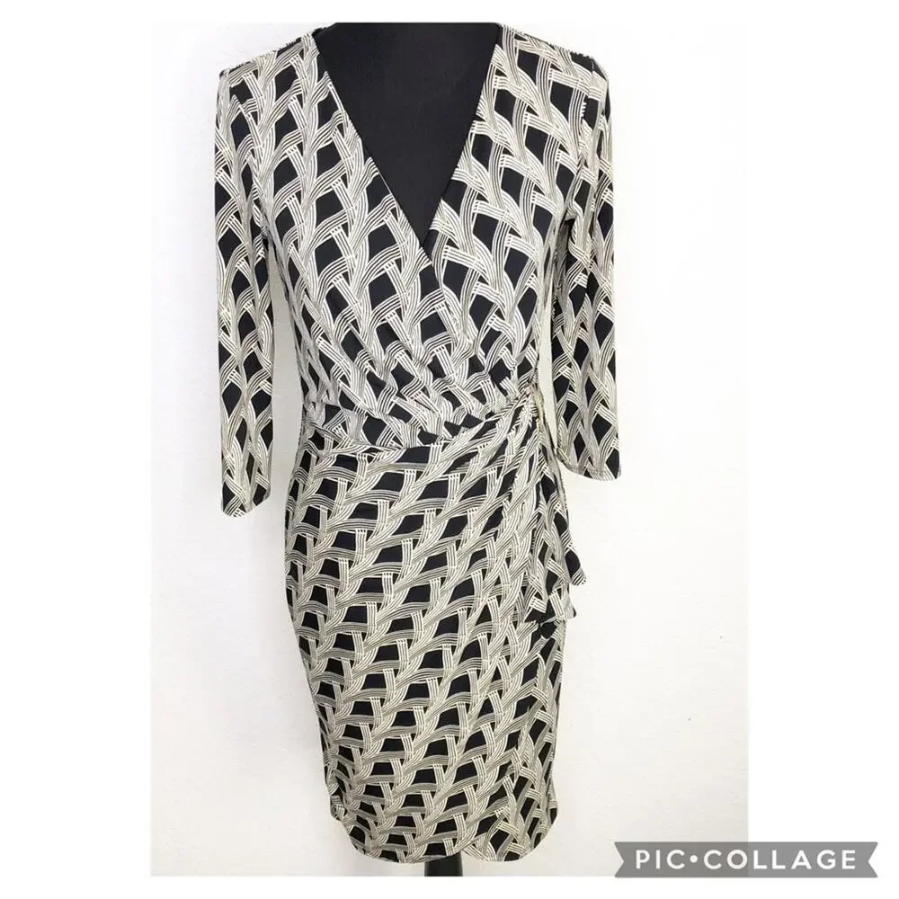 WHBM cream black art deco geometric faux wrap midi dress size 6