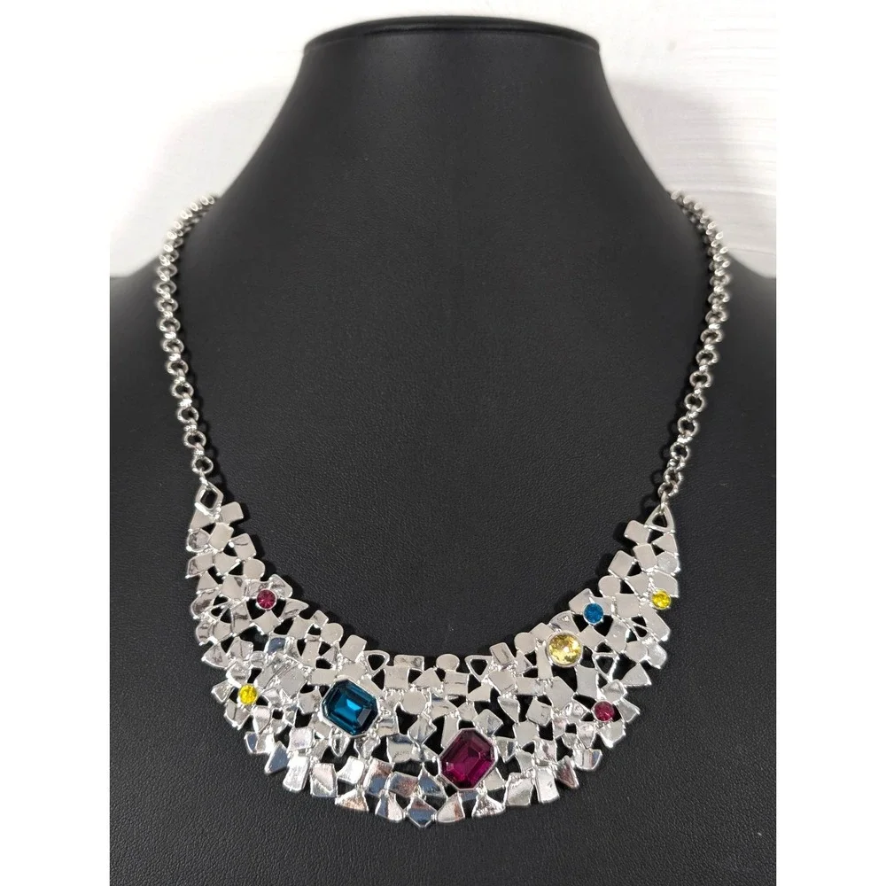 Silver Tone Multicolor Crystal Bib‎ Necklace Modern Statement Jewelry 21 in Glam