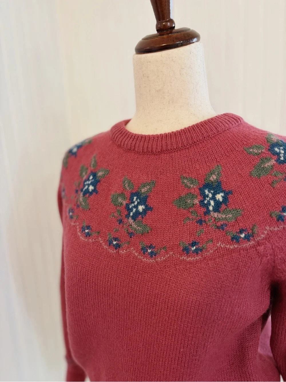 Charter Club Pink Crewneck Sweater with Blue & Green Floral Yoke