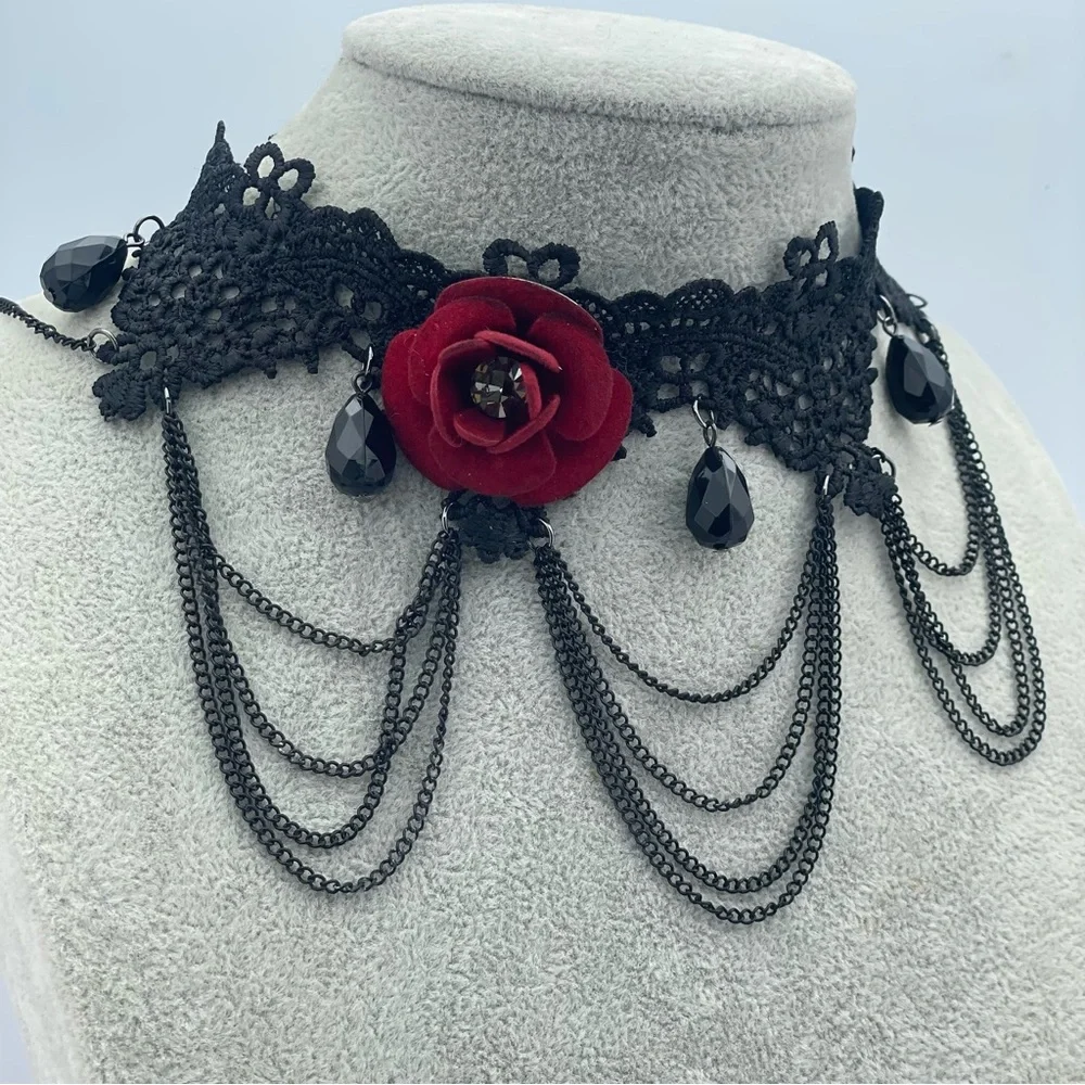 Gothic Black Lace Choker with Red Velvet Rose & Black Teardrop Beads