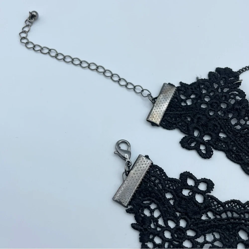Gothic Black Lace Choker with Red Velvet Rose & Black Teardrop Beads
