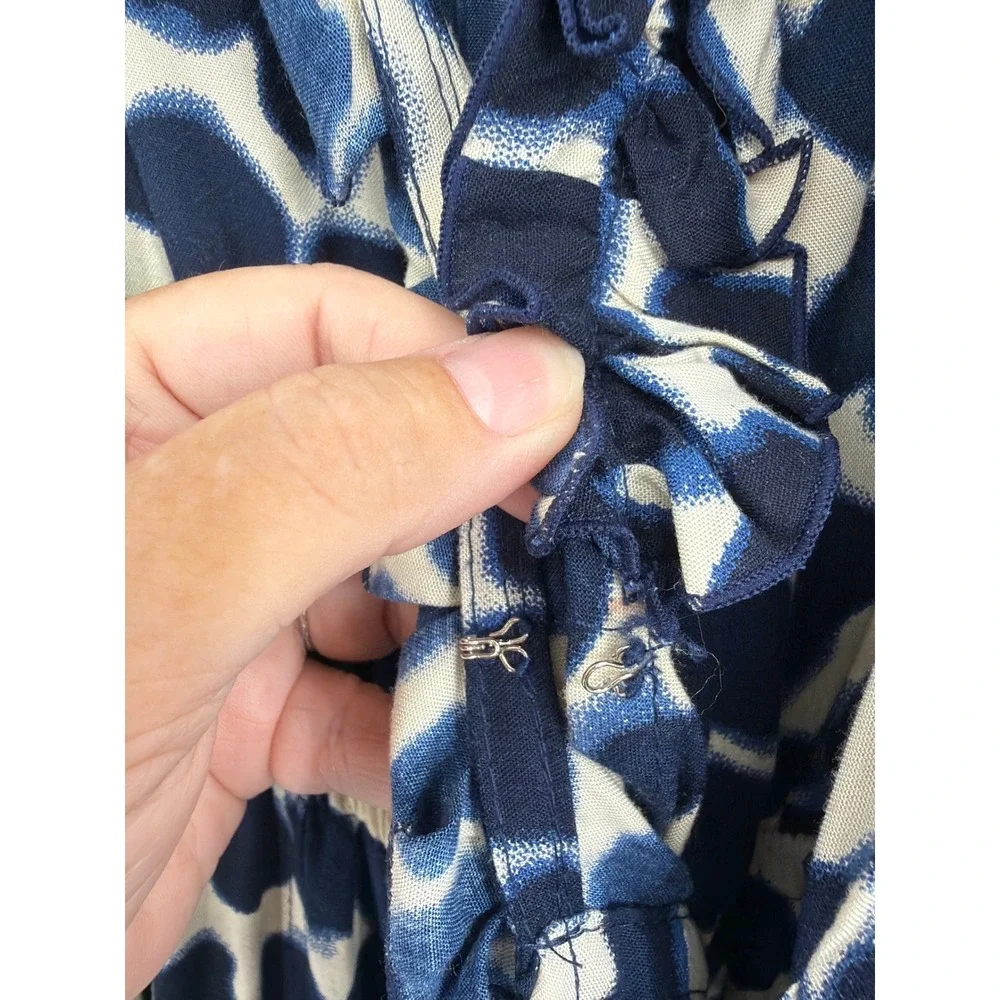 Beachgold Blue Abstract Print Ruffle V-Neck Wide Leg Jumpsuit Small Boho Resort