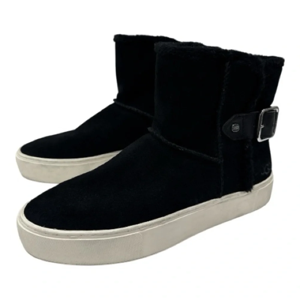 UGG Aika Mid-Height Flat Boots Black Genuine Suede Booties Fur Lining Size 6.5