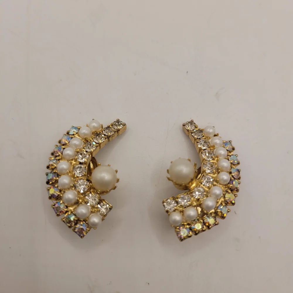 Vintage Faux Pearl and Aurora Borealis Clip-On Earrings