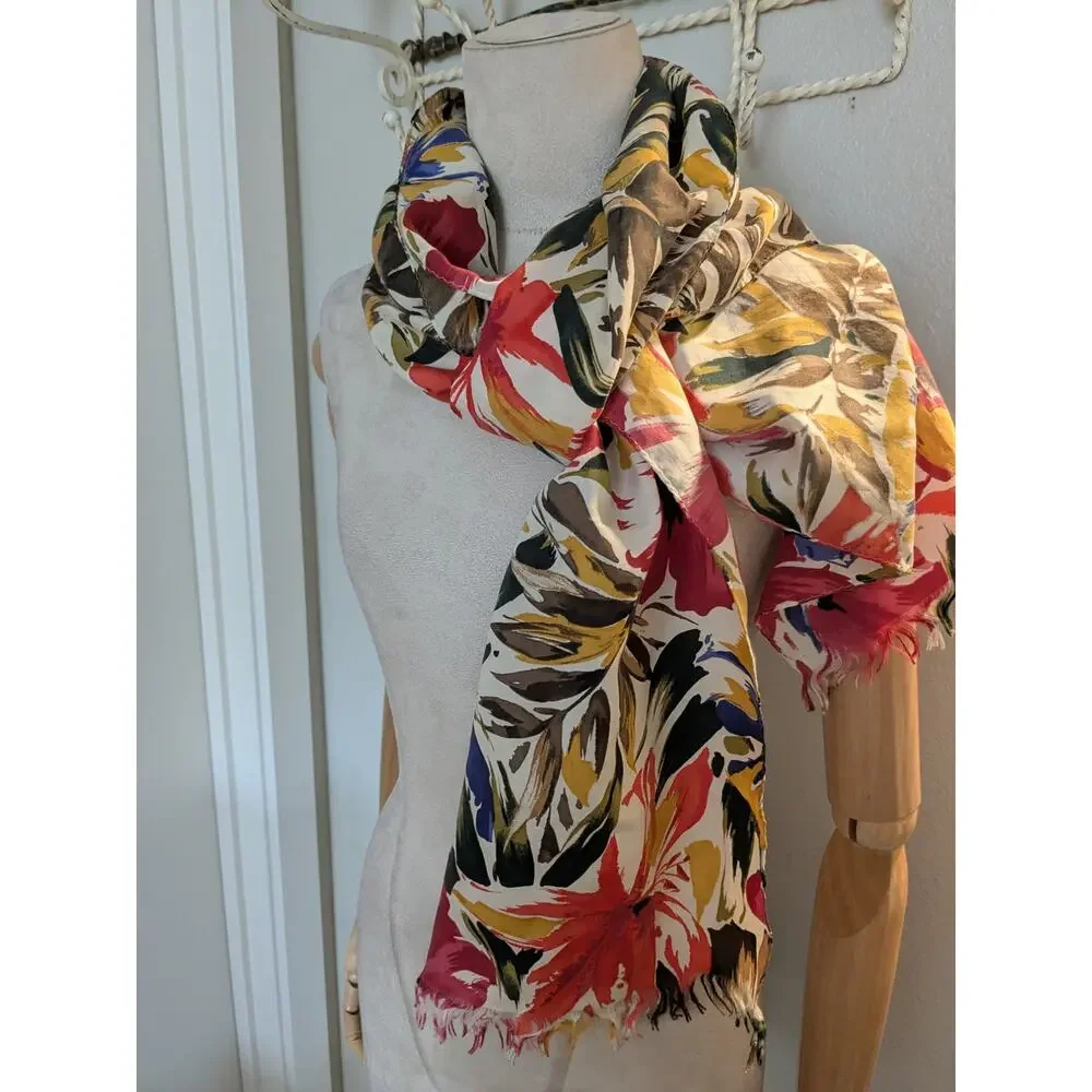 Vintage 70s Boho Women's Autumn Leaf Scarf Fringed Edges Long Rectangle 84