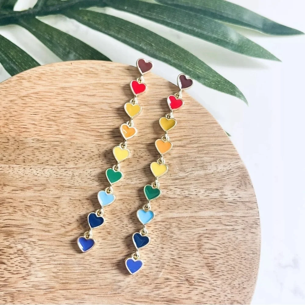 2/$30🌵 Mini Rainbow Heart Dangle Earrings Boho Minimalist Colorful Kawaii NEW
