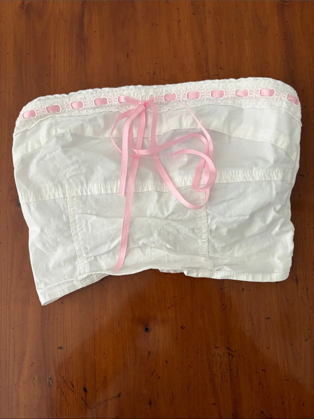 Edikted White Strapless Bandeau with Pink Ribbon