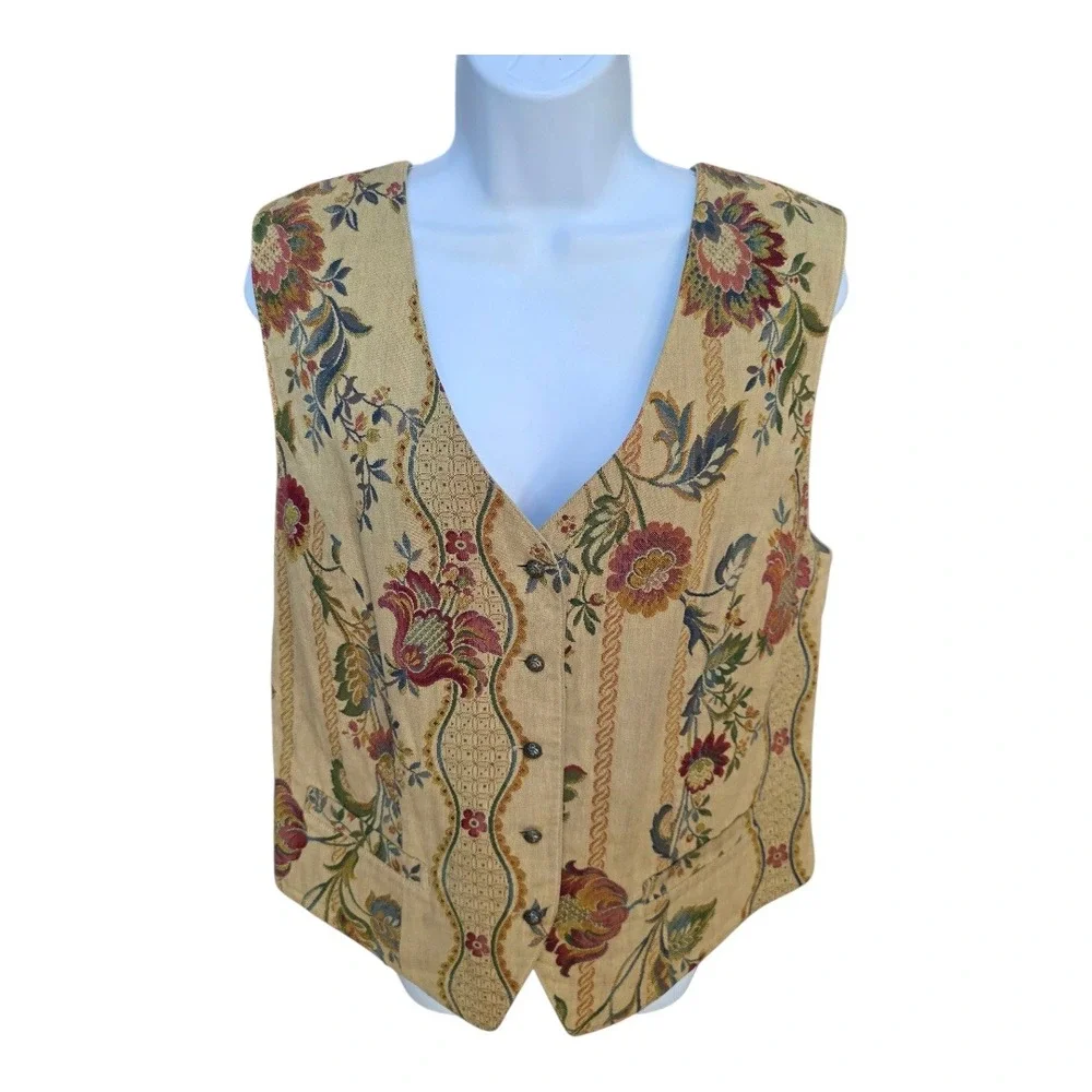 GAP Womens Floral Tapestry Vest Large Button Front V Neck Waist Tie Cottage Y2K‎