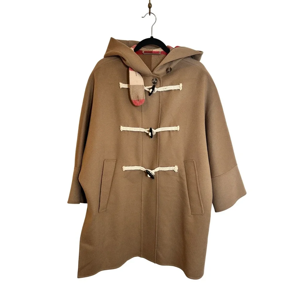 Weekend Max Mara Duffle Coat Size 4 Camel Brown Virgin Wool Hooded Plaid Toggle‎
