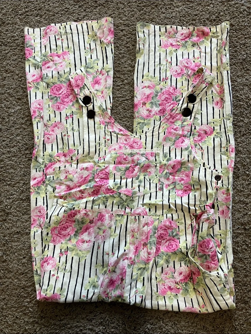 April Cornell Cream Striped overalls Pink Floral Print