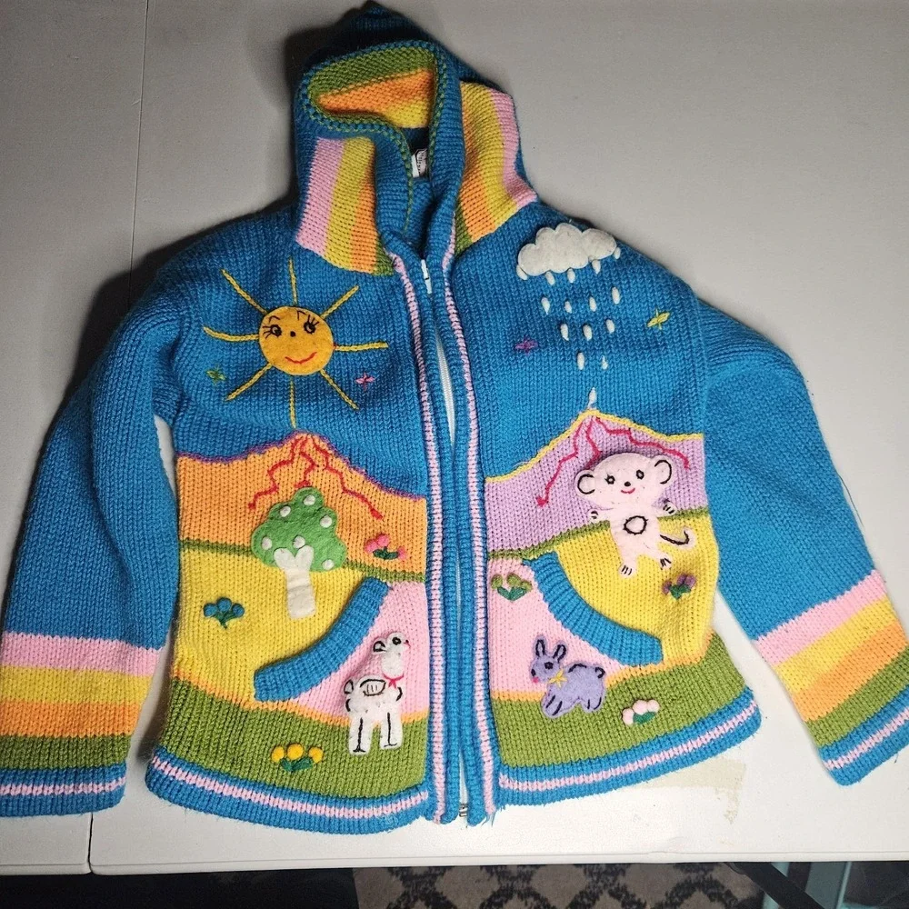 JB Crafts‎ Kids Cardigan 8 Hooded Sweater Peru Embroidered Full Zip Art