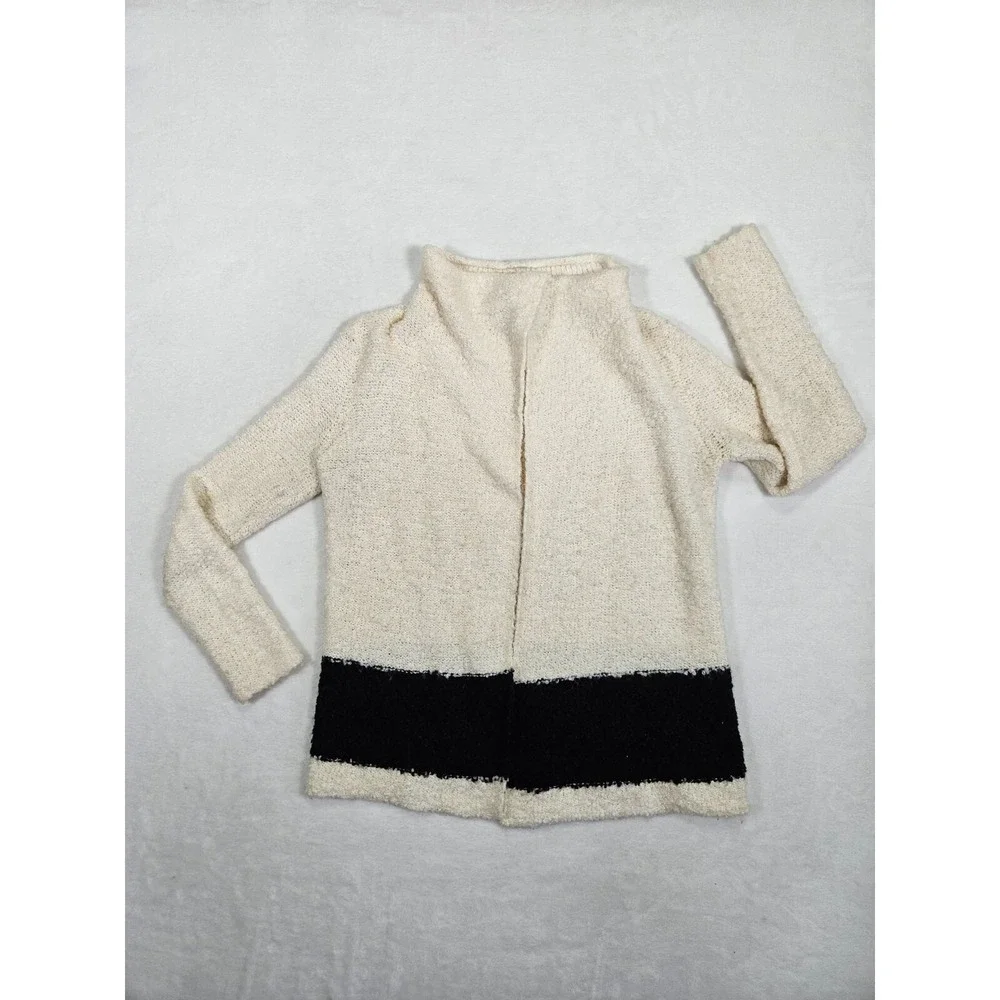 LRL Ralph Lauren Cardigan Women's Small White Black Wool Blend Knit Open‎ Casual