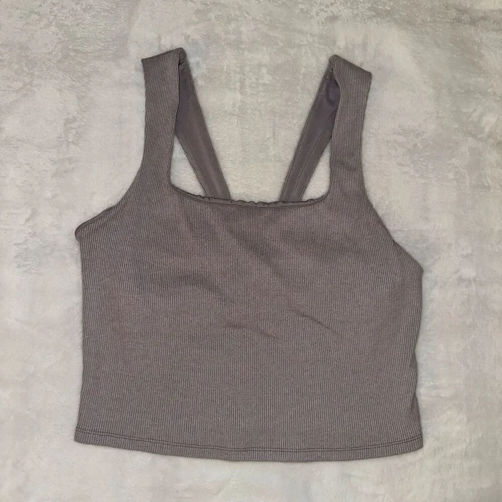 Alo Yoga Women’s Large Ribbed Square Neck Cropped Tank Top Dusty Lilac GUC