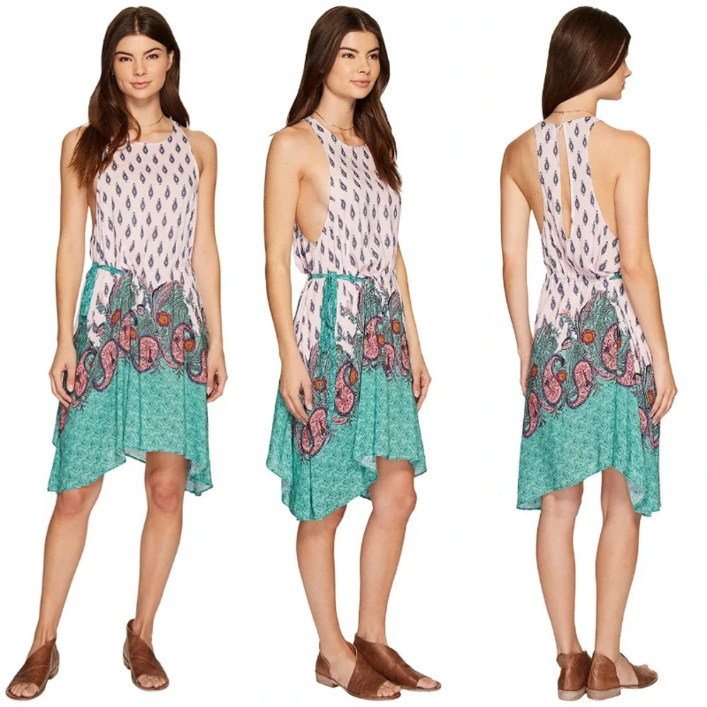 Free People Rendezvous Paisley Asymmetric Hem Slip‎ Dress Pink NWT