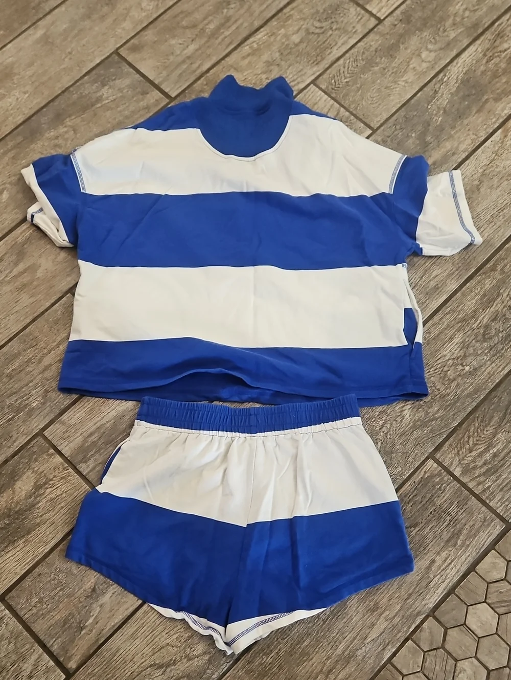 Blue and White Striped Athletic Two-Piece Set