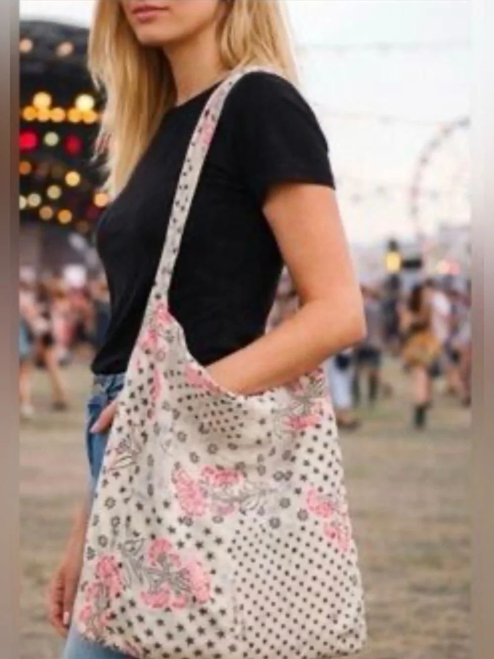Free People Pink and Cream Floral Polka Dot Shoulder Bag