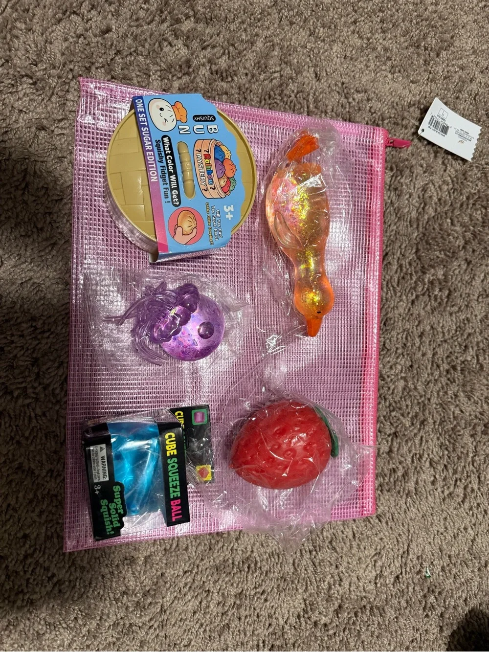 Assorted Kids Sensory Toy Set - Pink Mesh Pouch with Red, Purple, Orange Toys