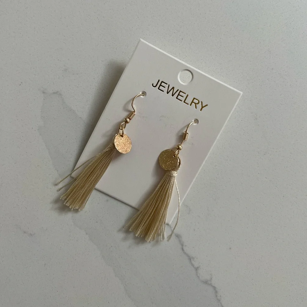 Brand New Cream Tassel Earrings with Gold Tone Accents