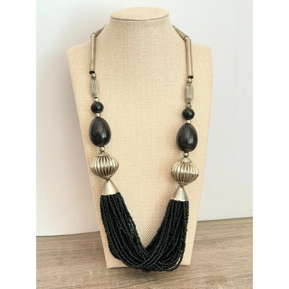 Vintage Silver Tone & Black Multi-Strand Seed Bead Bib Statement Necklace