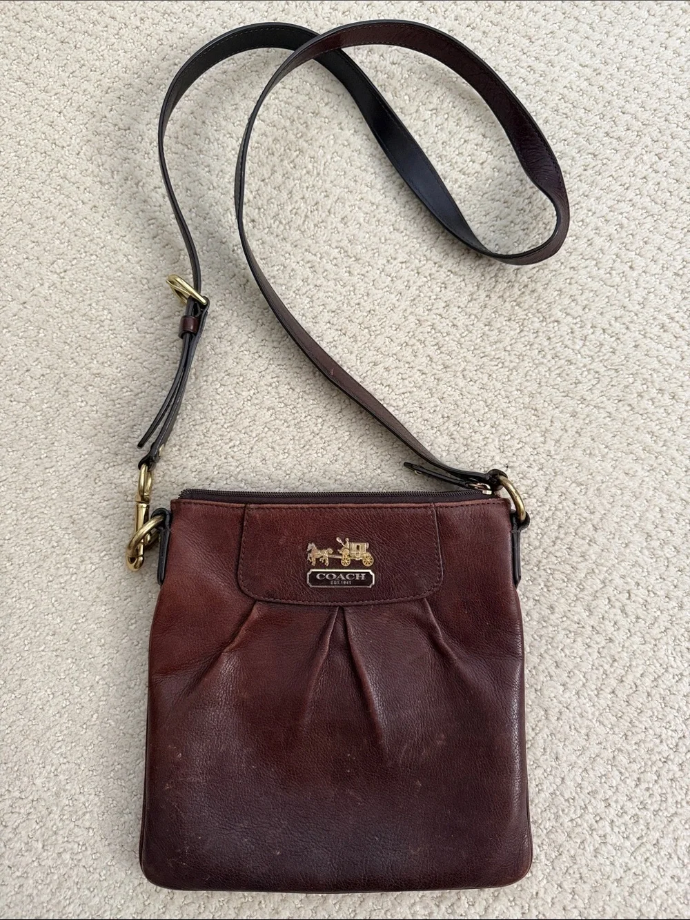 Coach Dark Brown Leather Crossbody with Gold Tone Logo