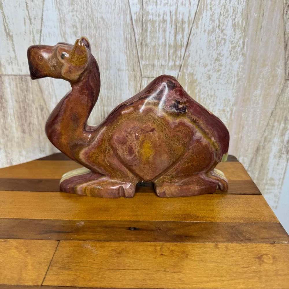 Vintage Hand Carved Onyx Marble Camel Figurine Paperweight Brown Green Stone