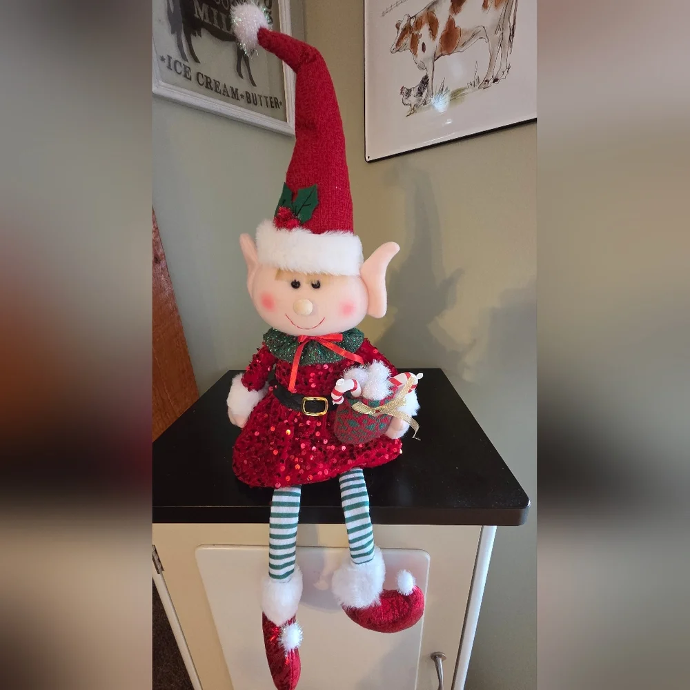 Jolly Girl Elf Plush Shelf Sitter Red Sequin Dress Candy Canes 23