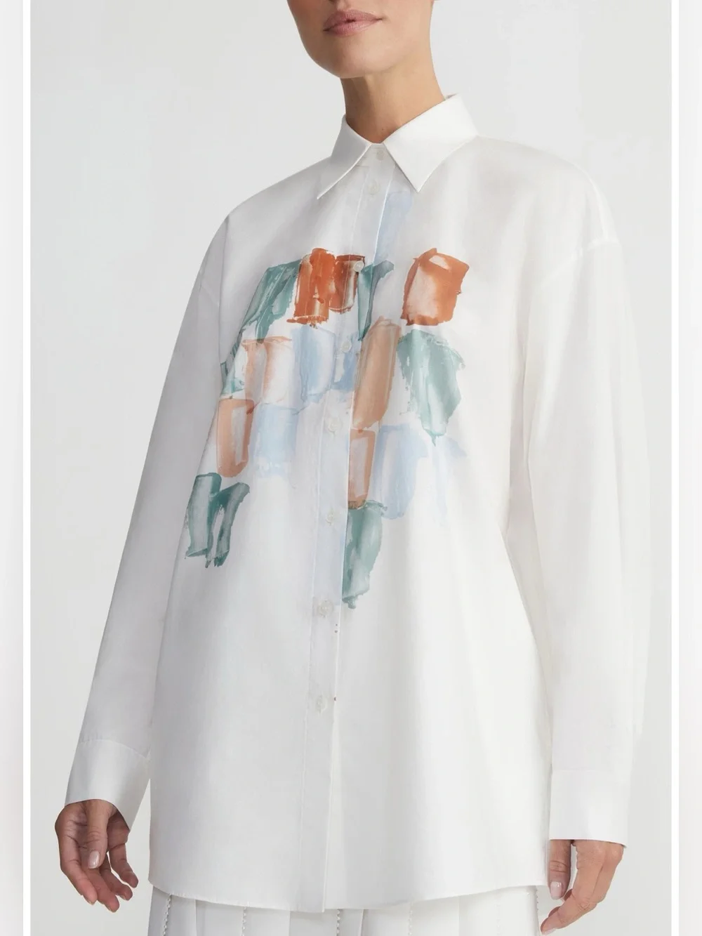 LAFAYETTE 148 Painter's Palette Print Cotton Poplin Oversized Shirt Sz L