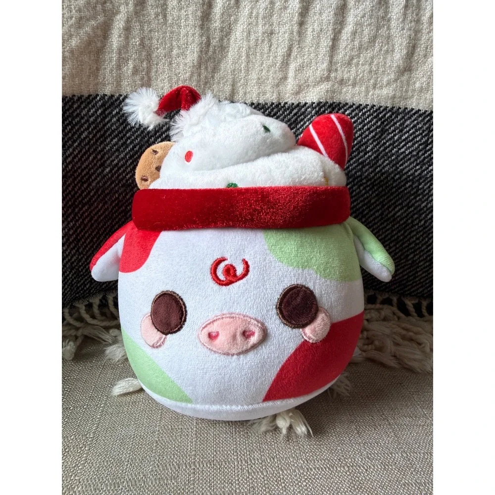 Cuddle Barn Plush Cow  8in White Excellent Holiday Hot Cocoa Santa Haat