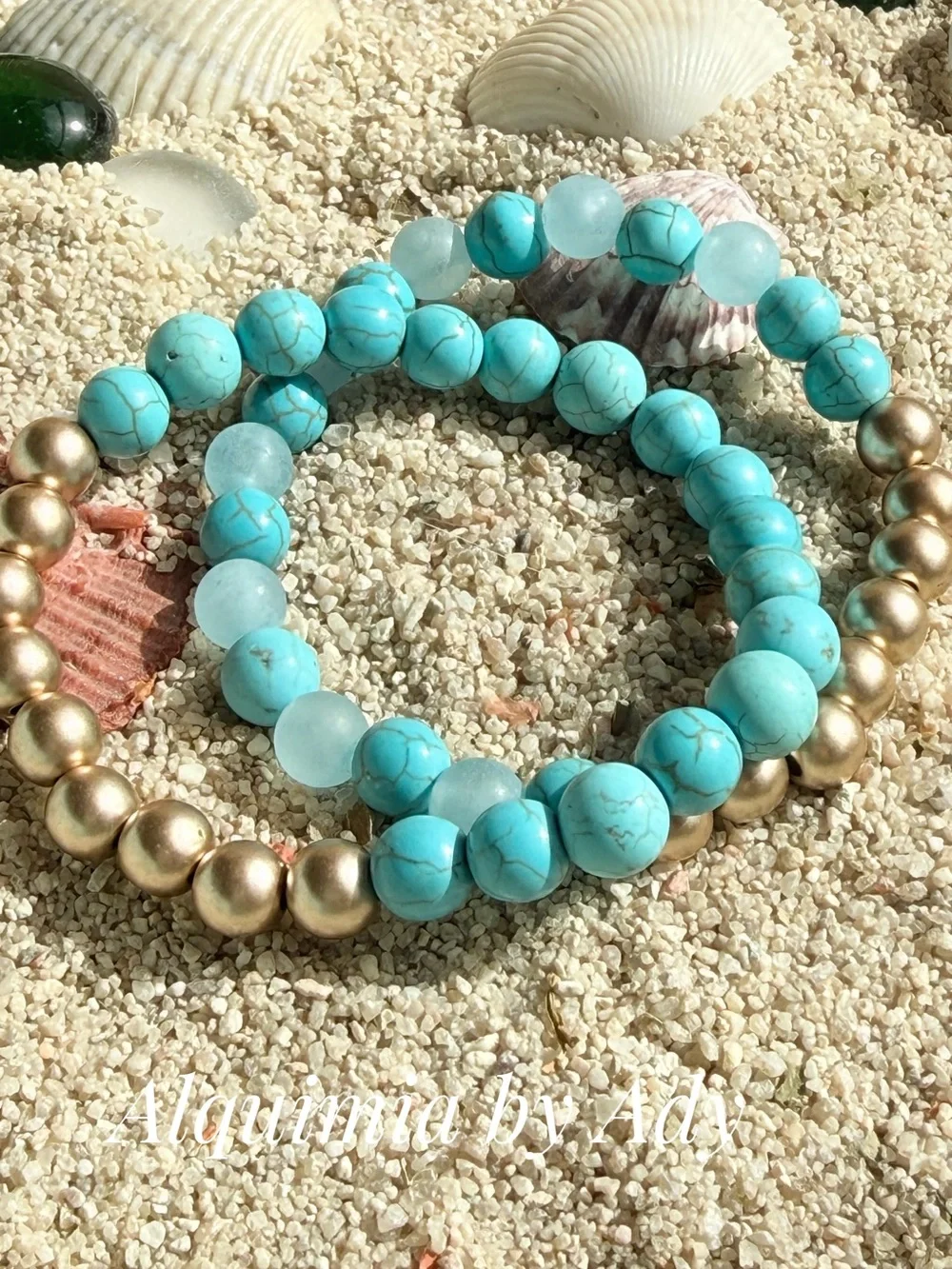DUO + Stack +!Turquoise and Mint Beaded Bracelet with Antique-Gold