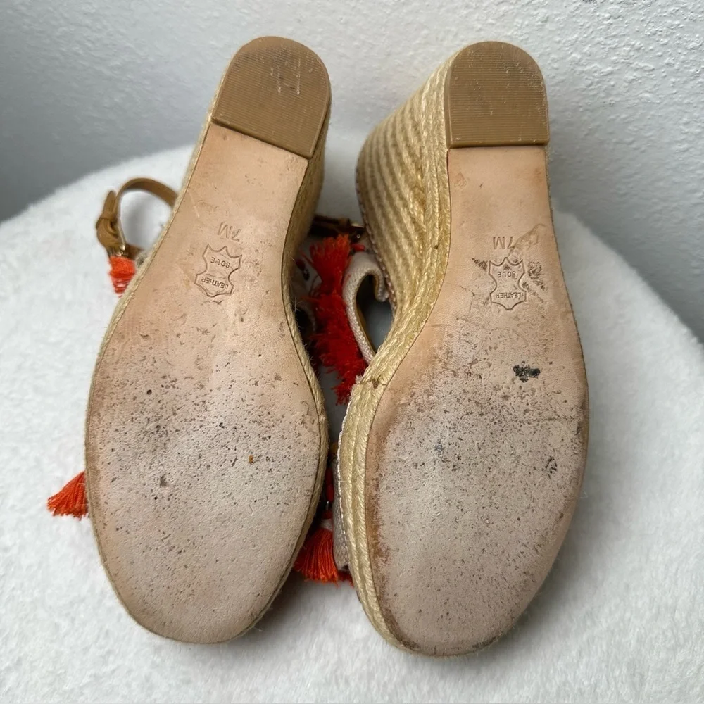 Tory Burch Vibrant Orange and Tan Espadrille Wedges Sandals
