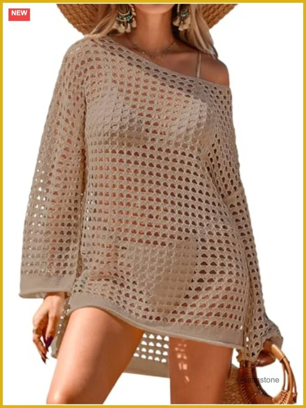 Oversized Crochet Mesh Swimsuit Cover Up Dress Long Bell Sleeve