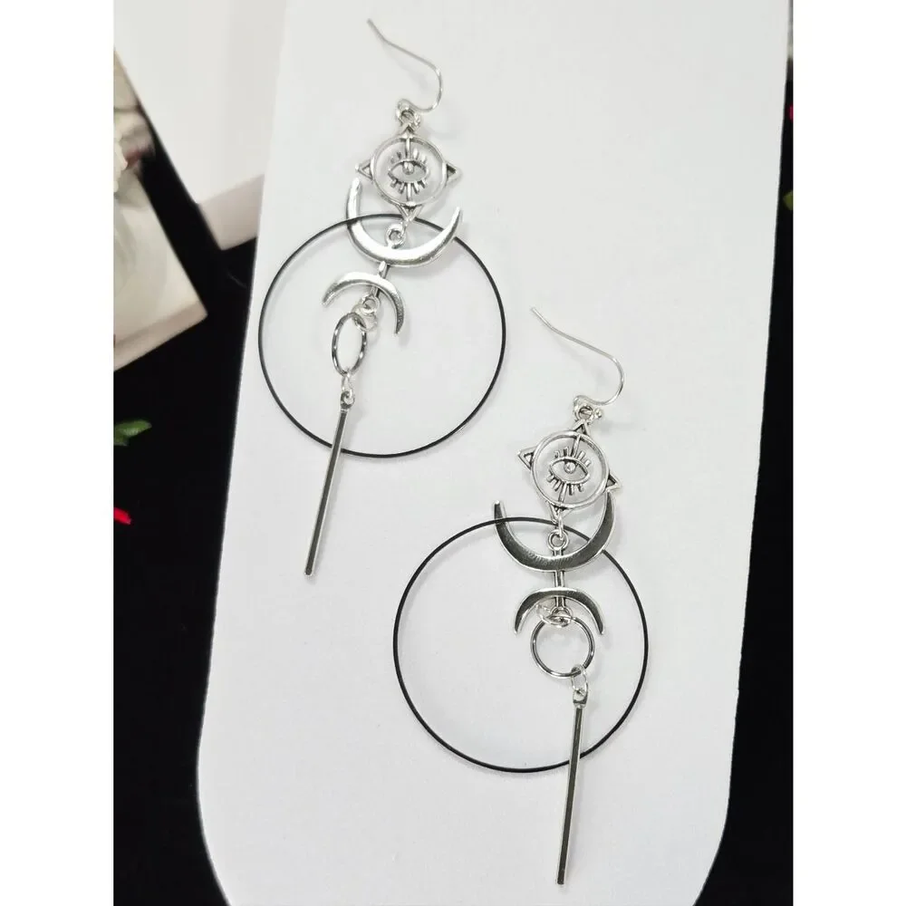 Evil Eye Moon Earrings Silver Dangle Celestial Hoop Statement Oversized Edgy Alt