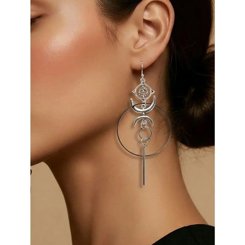 Evil Eye Moon Earrings Silver Dangle Celestial Hoop Statement Oversized Edgy Alt